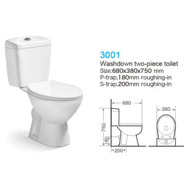 Size: 680*380*750mm              P-trap:180 mm Roughing-in                    With double piece seat cover in slwodown                       With double button water fitting in 3/6 liter