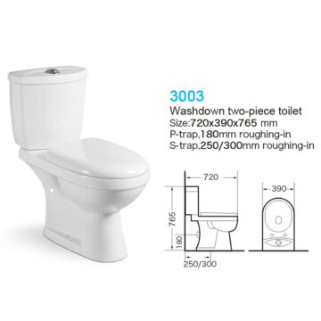 Size: 720*390*765 mm          P-trap:180mm Roughing-in                        S-trap:250/300mm roughing-in                     With double piece seat cover in slwodown                       With double button water fitting in 3/6 liter