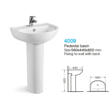 Size: 560*440*820 mm Fixing Back To Wall          With Single Faucet Hole in 35 mm                          With Standard Drainage Hole in 45 mm