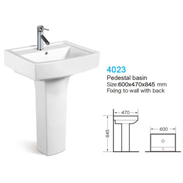 Size: 600*470*845 mm Fixing Back To Wall            With Single Faucet Hole in 35 mm                       With Standard Drainage Hole in 45 mm